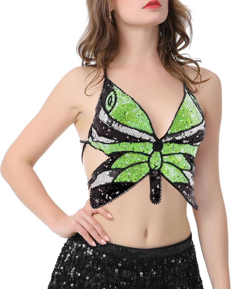 Mocure Womens Glitter Sequin Butterfly Crop Top Low-Cut Tank Top Rave Tube Vest Top for Belly Dance Costume Outfits - Image 3